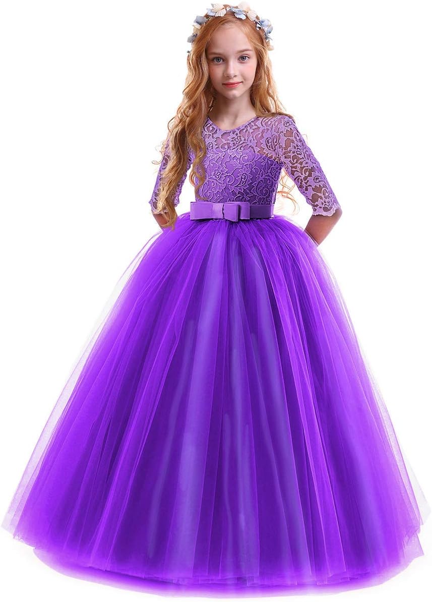 Girls Flower Vintage Floral Lace 3/4 Sleeves Dress for Parties