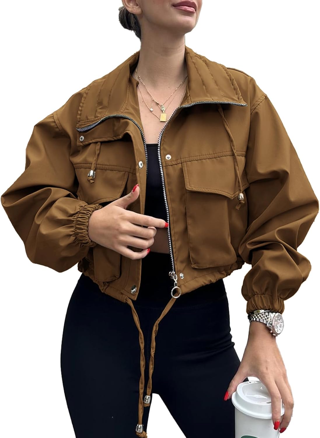 Tankaneo Womens Cropped Jacket Zip Up Lightweight Utility Coat