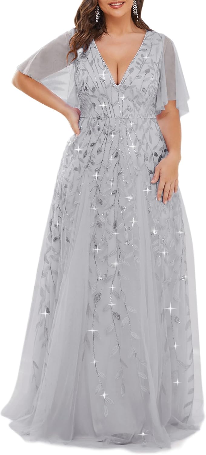 Plus Size V-Neck Sequin Embroidery A-Line Evening Dress