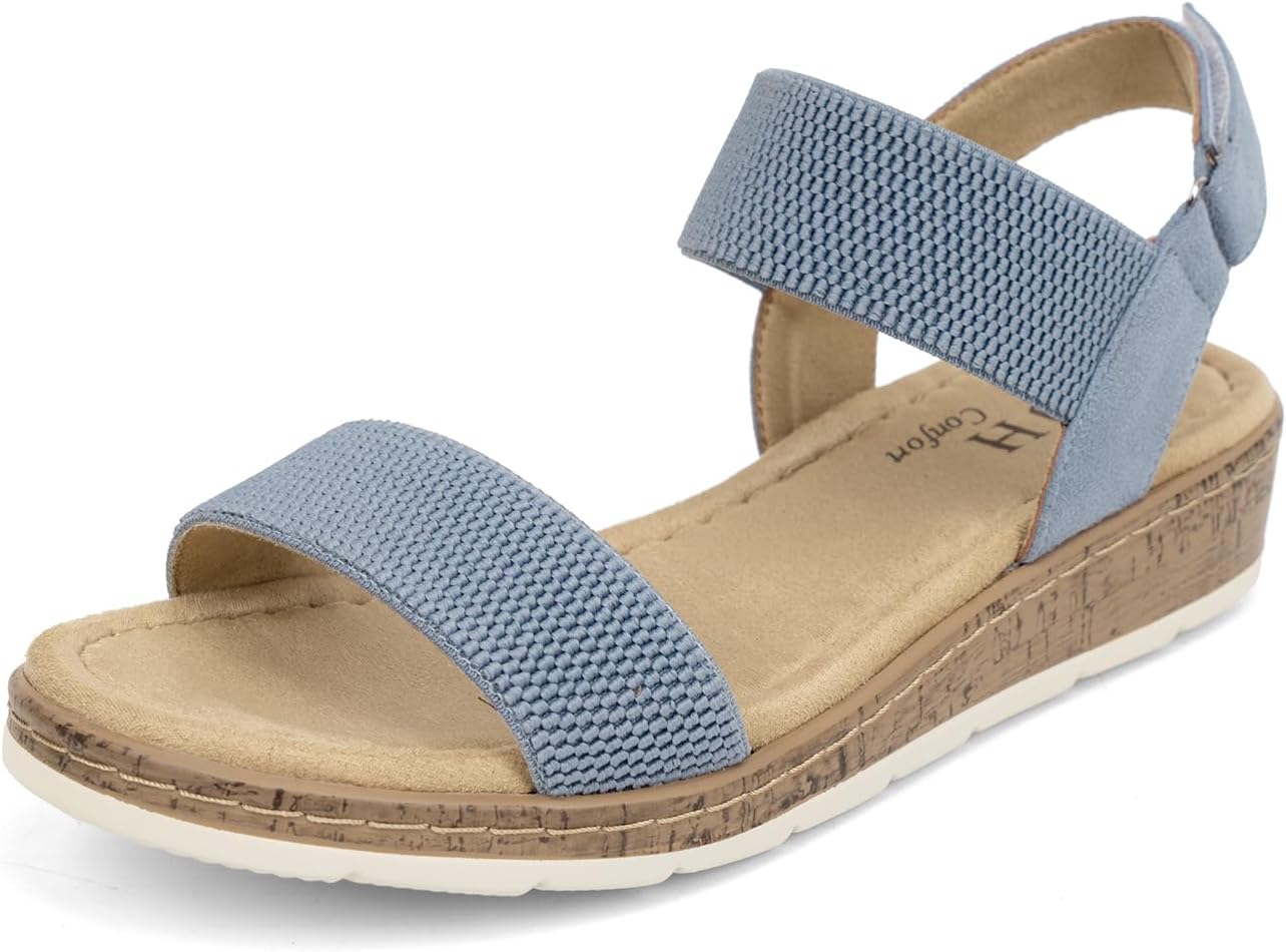 VJH confort Womens Flat Sandals Open Toe Elastic Ankle Strap