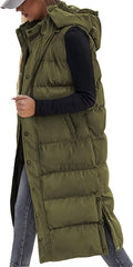 Long Puffer Vest for Women Quilted Hooded Button Down Zip Up