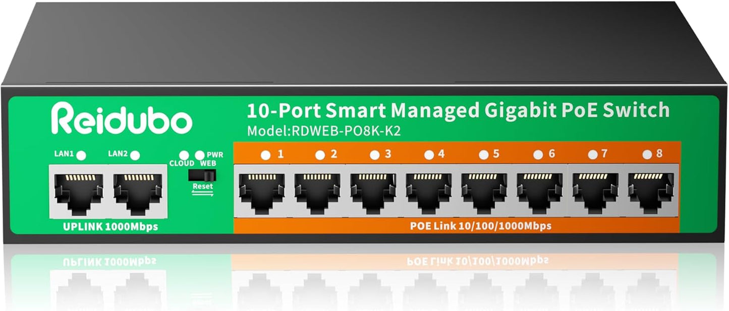 10-Port Gigabit Managed PoE Switch with 8 PoE+ Ports and Uplinks