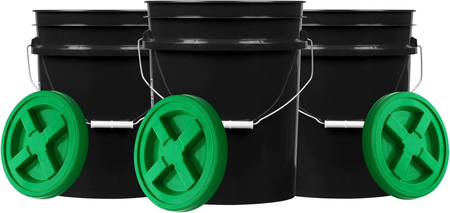 5 Gallon Black Food Grade Bucket Pail with Screw On Lid Pack of 3