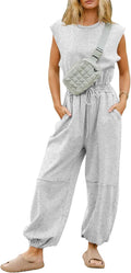 Flygo Womens Casual Jumpsuit Crewneck Cap Sleeve One Piece - Versatile