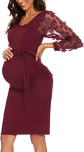 Floral Mesh Bishop Long Sleeve Maternity Midi Dress (Style Y6FH)