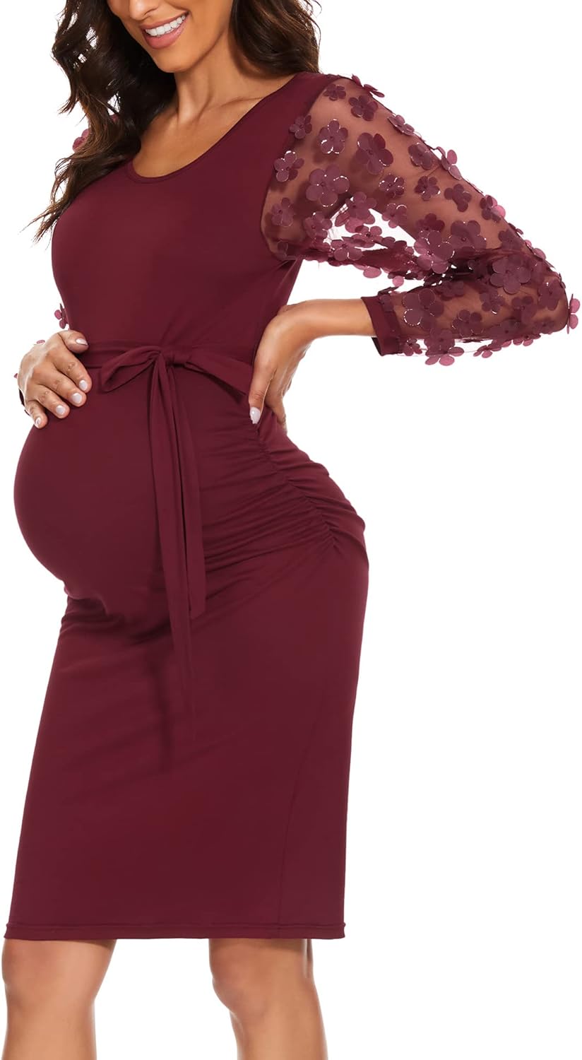 Floral Mesh Bishop Long Sleeve Maternity Midi Dress for Baby Shower