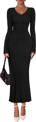ZESICA Women's 2025 Fall Ribbed Knit Sweater Dress - Slim V Neck