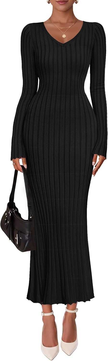 ZESICA Women's Fall Sweater Dress Long Sleeve V Neck Maxi