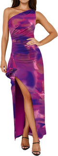 One Shoulder Floral Bodycon Maxi Dress - Flattering High Split