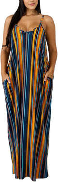 Womens Plus Size Striped Suspender Maxi Dress - Summer Casual