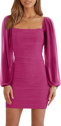 Ofenbuy Mesh Long Sleeve Ruched Mini Bodycon Dress - Sleek Night Out