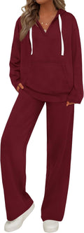 Womens 2 Piece Fall Sweatsuit Set - Oversized V Neck Hoodie & Wide Leg