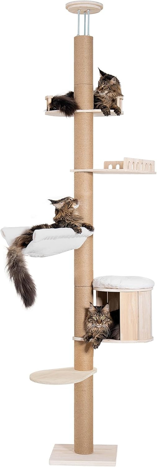 Tall Floor to Ceiling Cat Tree for Large Cats with Condo Bed