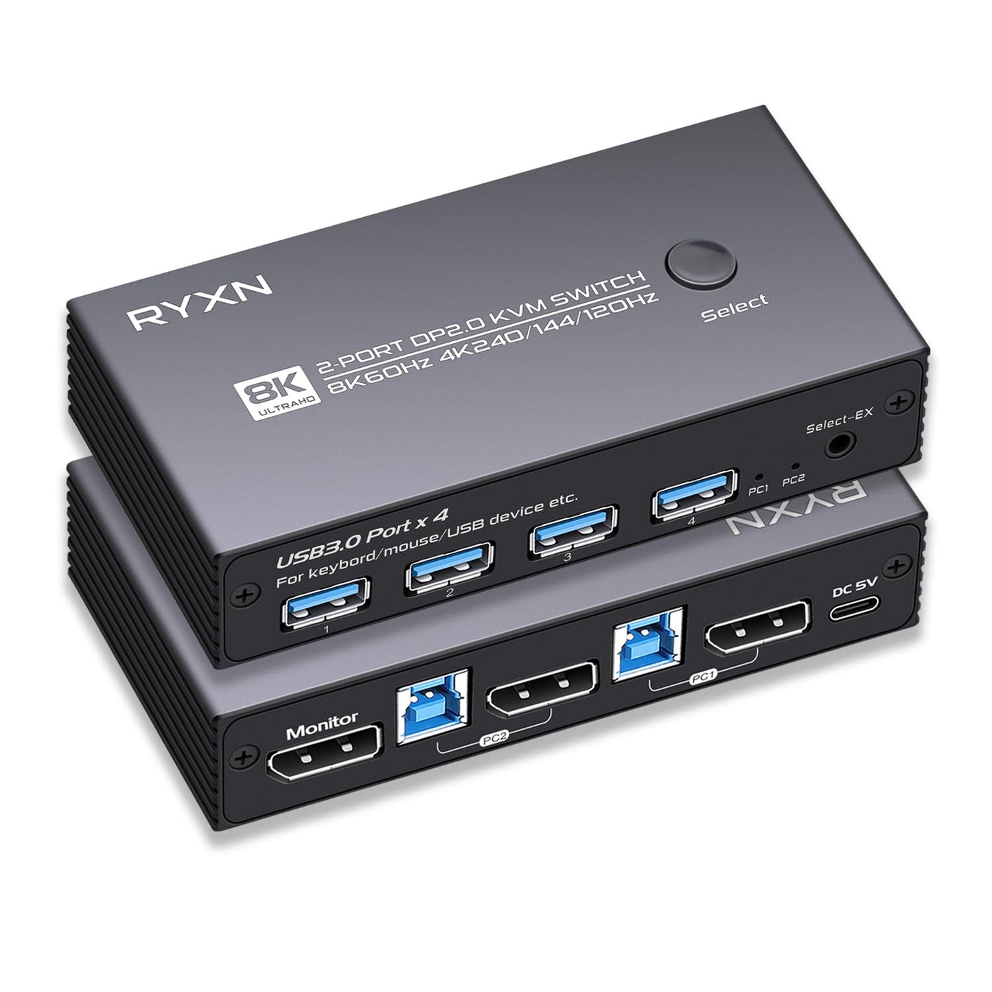 8K DP KVM Switch for 2 Computers with USB Hub and Cables