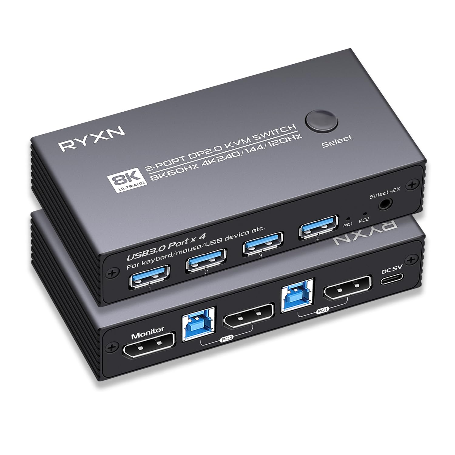 8K DP KVM Switch for 2 Computers with USB Hub and Cables