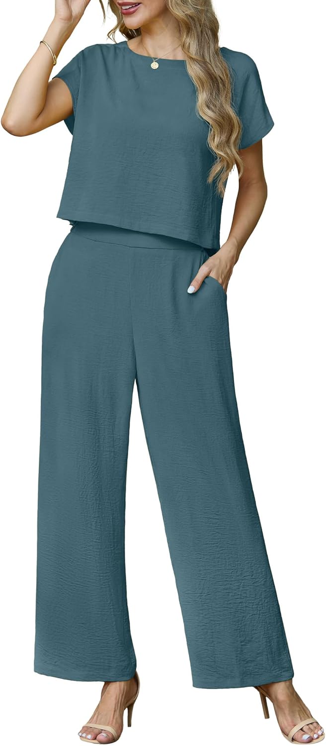 Lepunuo 2 Piece Sets for Women Summer Cap Sleeve Crop Top