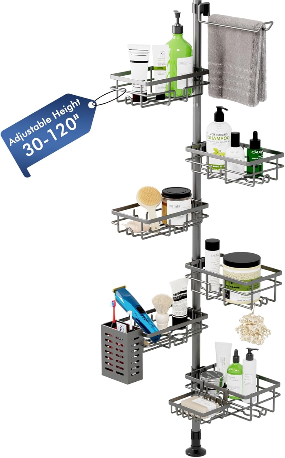 Corner Shower Caddy Tension Pole with 6-Tier Storage Solution