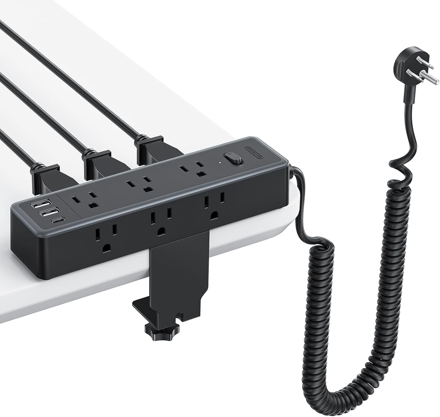 NTONPOWER Desk Clamp Power Strip - 10ft Coiled Cord, 9 AC Outlets, 3 USB Ports