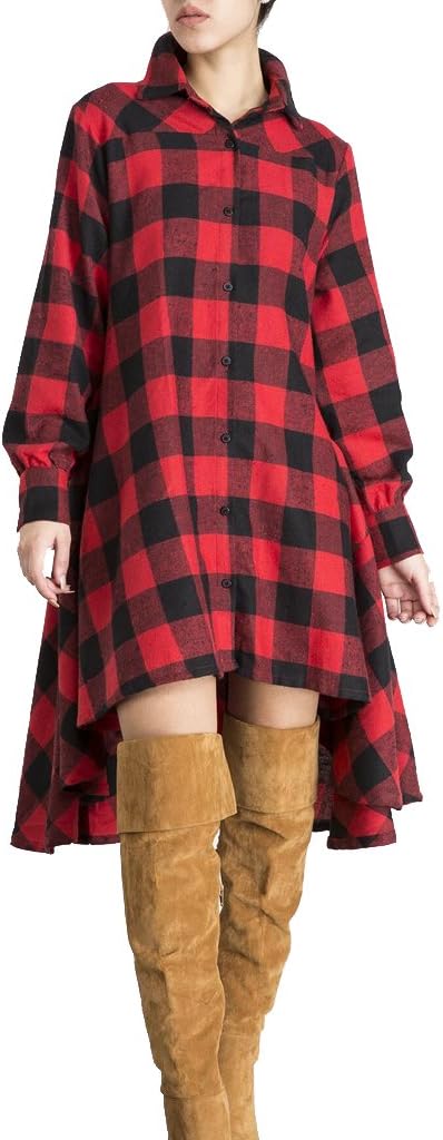 Olrain Womens Plaids V Neck Long Sleeve Casual Shirt Dress