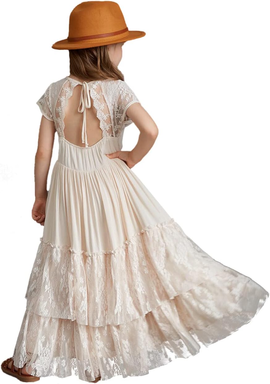 BIBIHOU Girls Lace Back Full-Length Tulle Party Dress