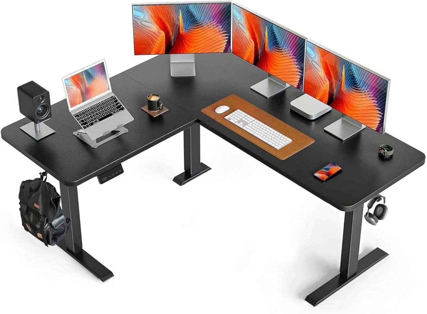 FEZIBO 63 L Shaped Standing Desk, Electric Height Adjustable, Splice Board - Black
