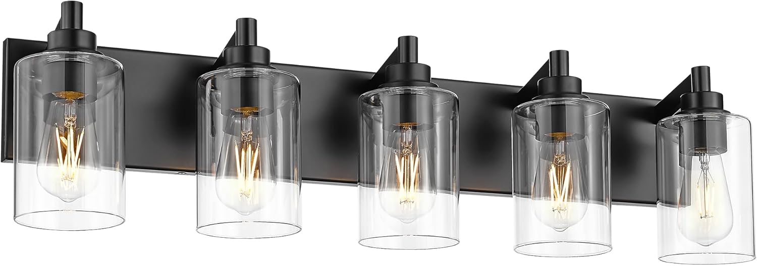 5-Light Black Vanity Light with Clear Glass Shades for Modern Style