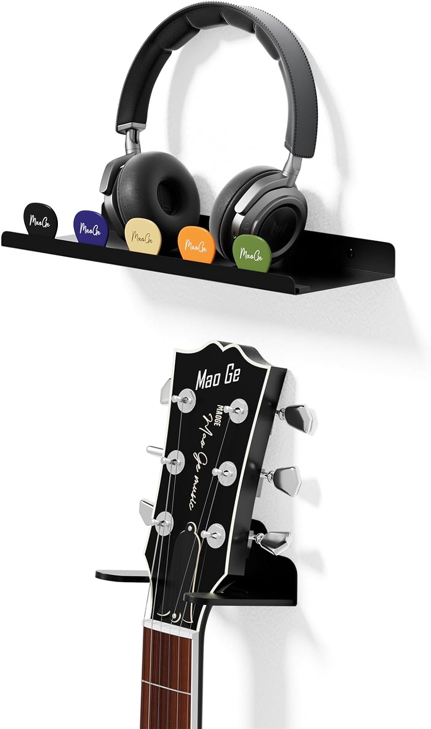 Metal Guitar Wall Hanger with Pick Slot & Shelf - Securely Display All String Instruments!