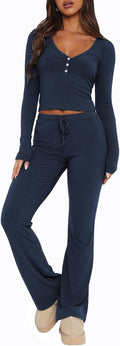 Womens Long Sleeve Crop Top and Flare Pants Lounge Set - Soft Stretchy