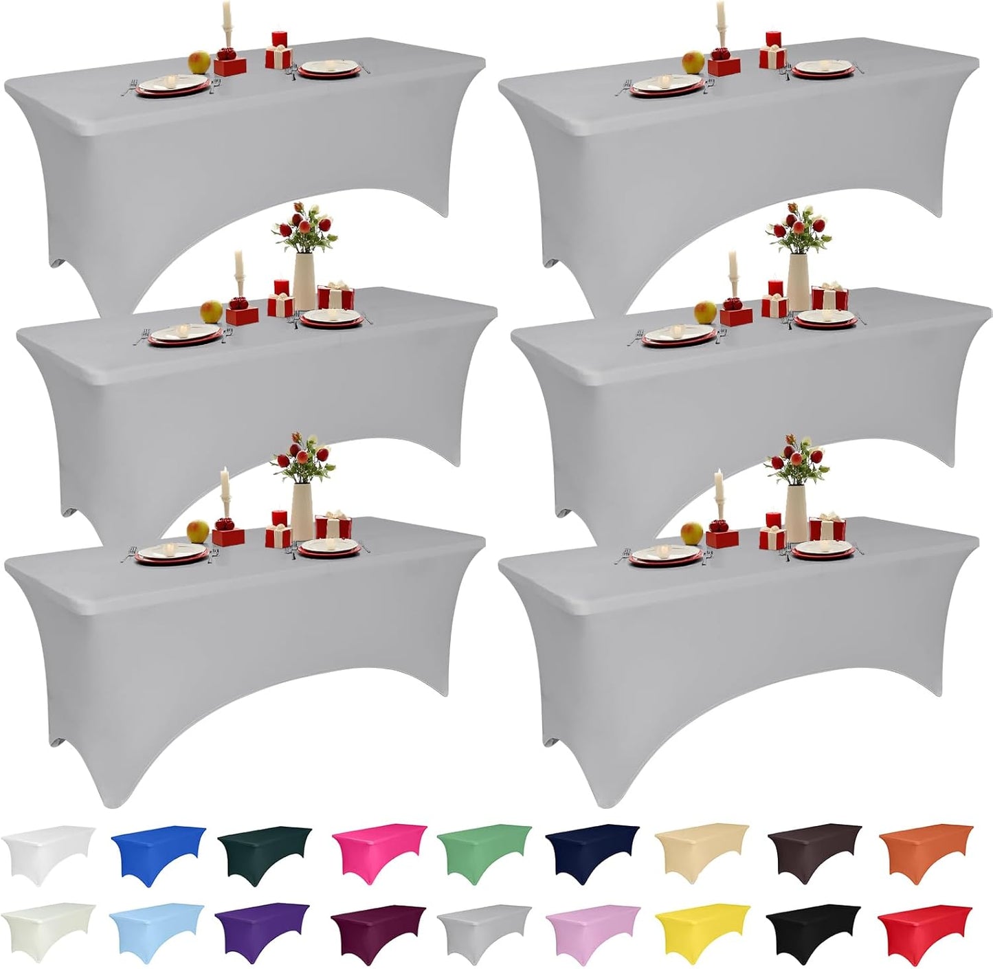 6 Pack 6 Feet Grey Spandex Tablecloth for Events and Parties