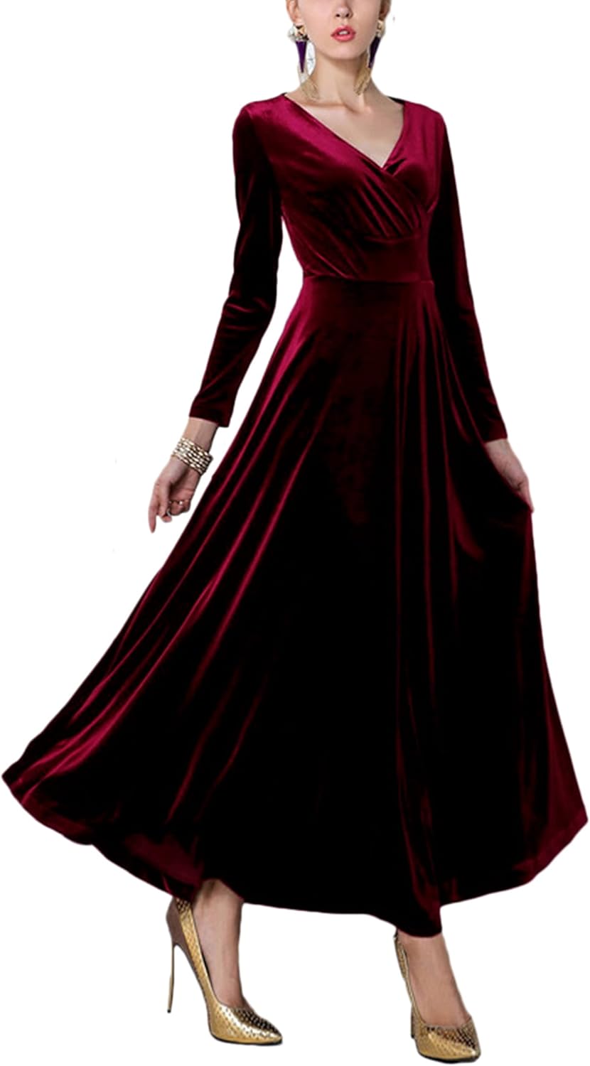 Elegant Urban CoCo Women Long Sleeve V-Neck Velvet Dress