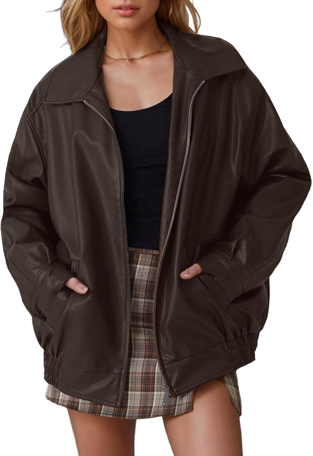 Oversized Faux Leather Motorcycle Bomber Jacket for Women