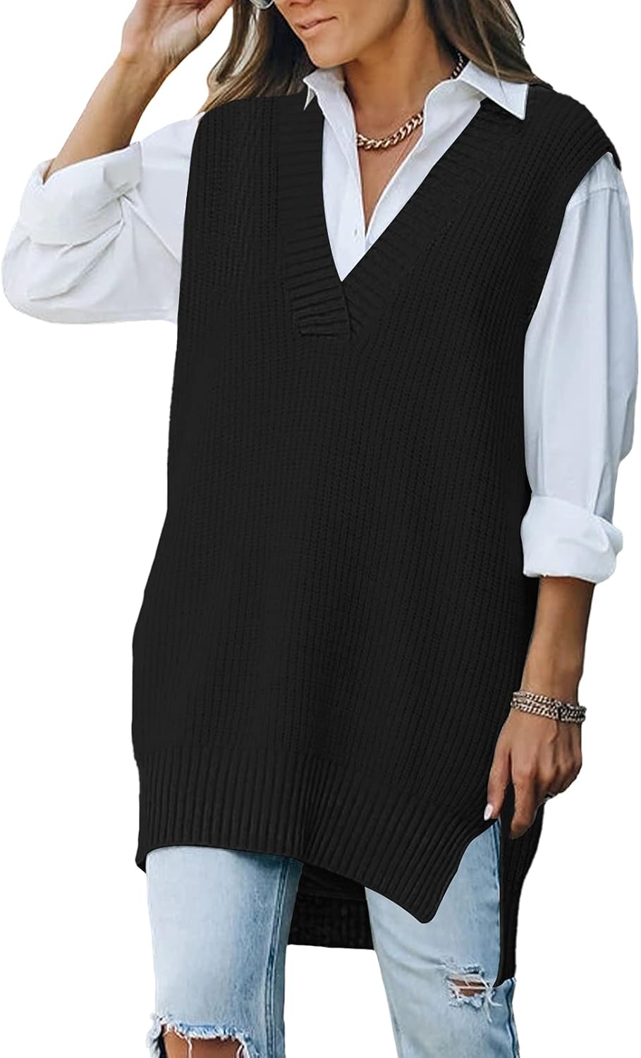 Viottiset Women's Oversized V Neck Knit Sweater Vest Tunic