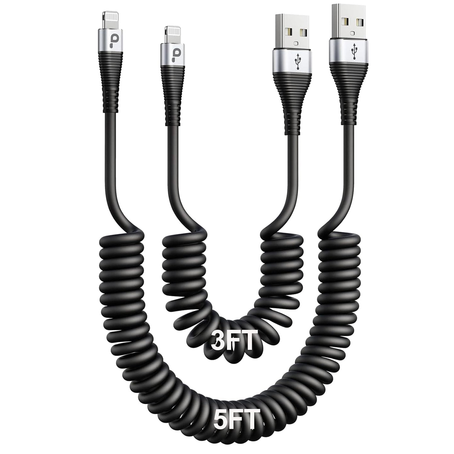 Fast Charging Coiled Lightning Cable Duo for iPhones, MFi Certified, 2Pack by PRAKIE