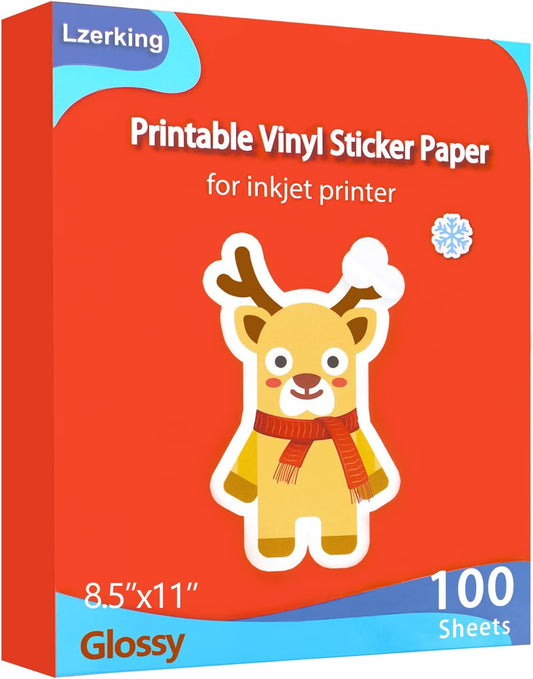Lzerking Waterproof Glossy Sticker Paper - 100 Sheets 8.5x11