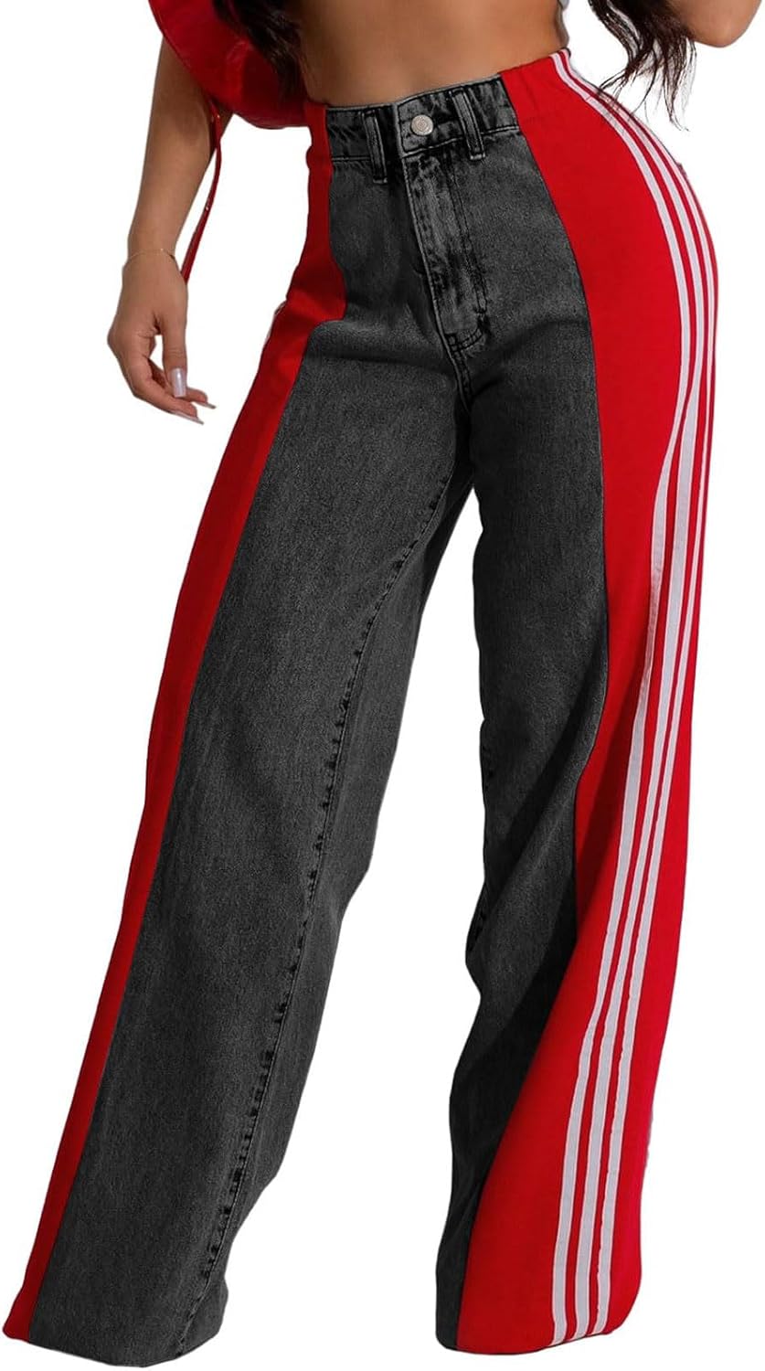 Womens High Waisted Wide Leg Striped Patchwork Denim Pants