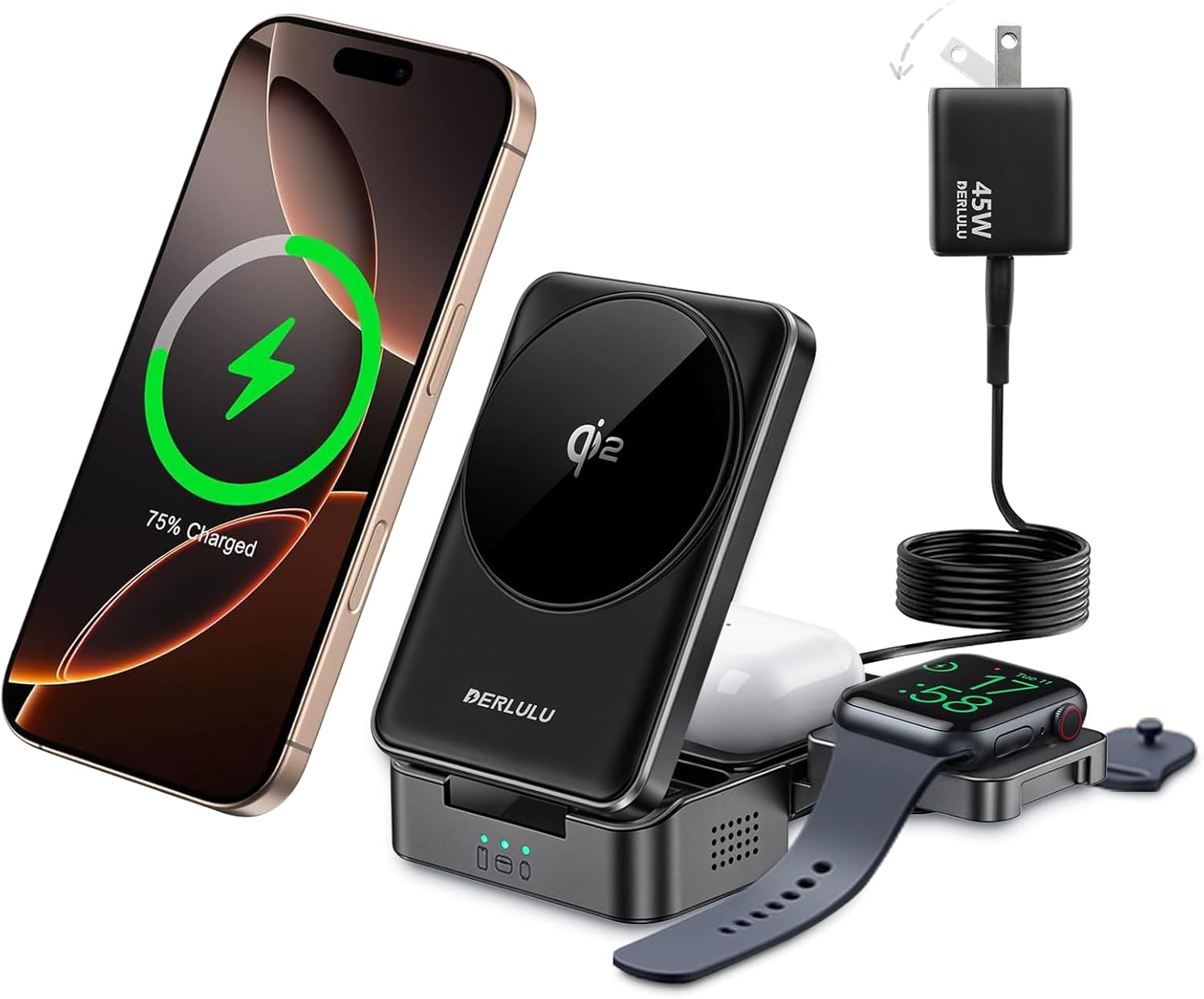DERLULU Qi2 15W 3-in-1 Fast Wireless Charger