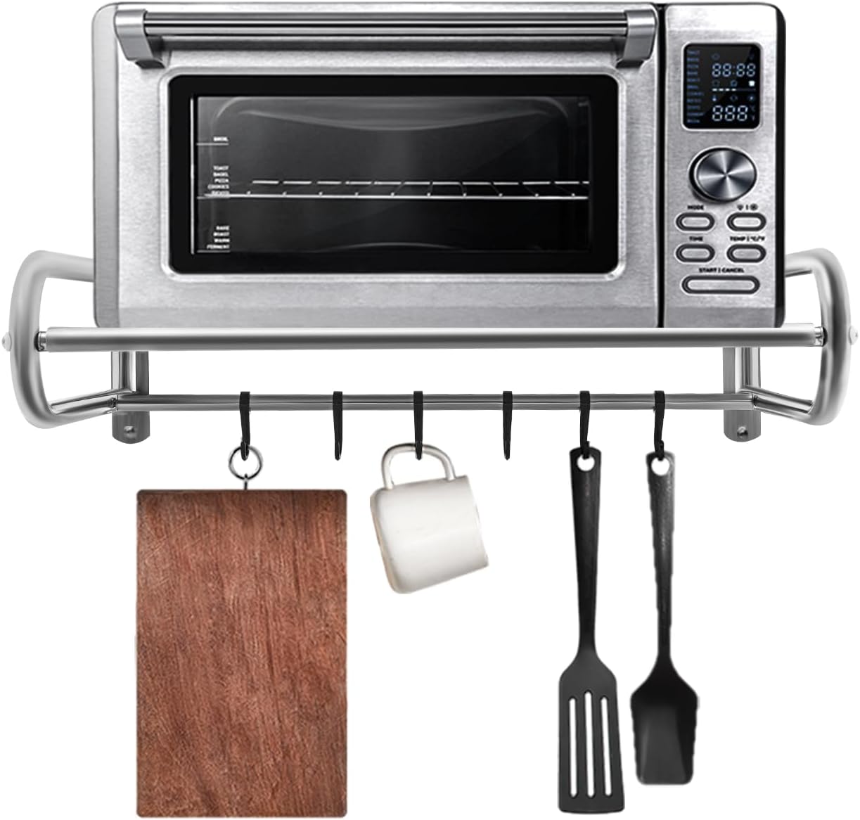 Space-Saving Wall Mount Microwave Shelf with 6 Hooks