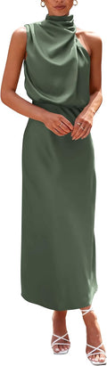 Women's Satin Mock Neck Maxi Dress - Elegant Sleeveless Fit