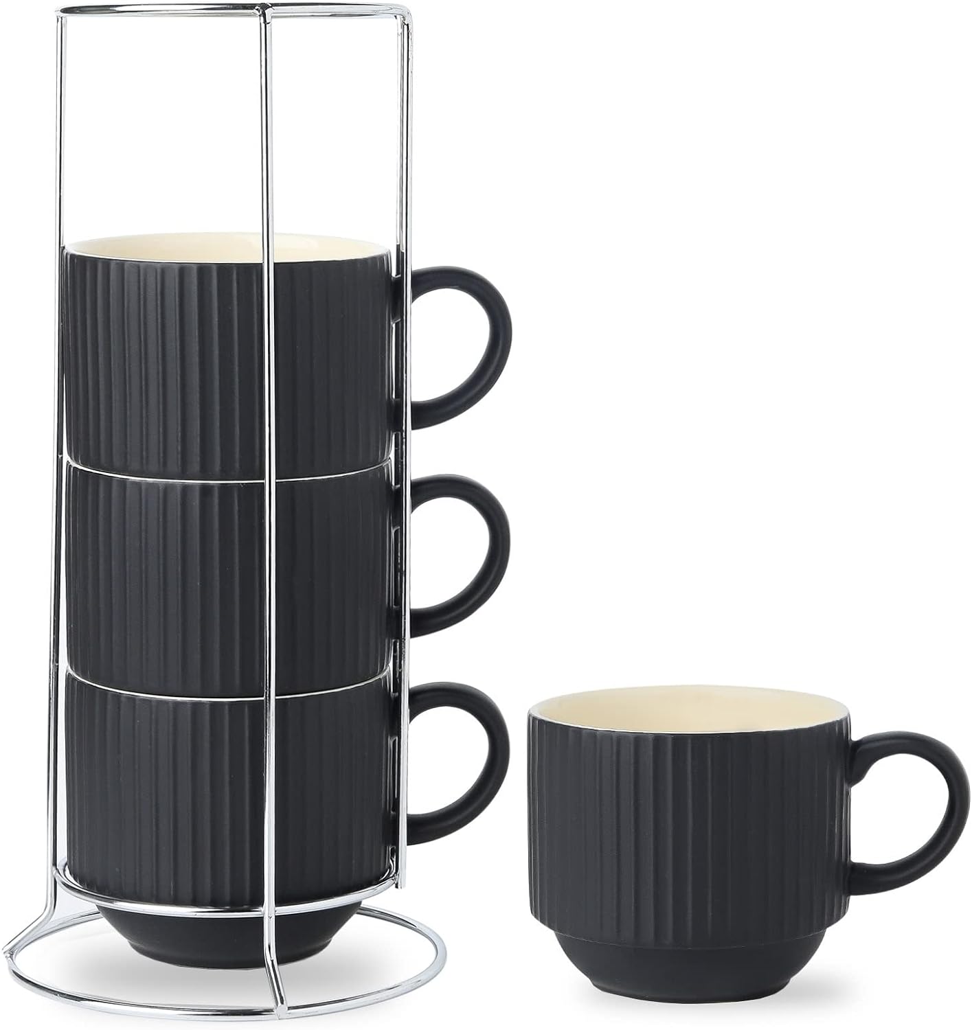 Hasense Coffee Mug Set of 4 with Stand - Stylish Ribbed Design