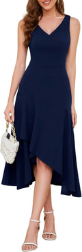 Aupuls Womens Midi Formal Dress High Low Ruffle V Neck - Flattering