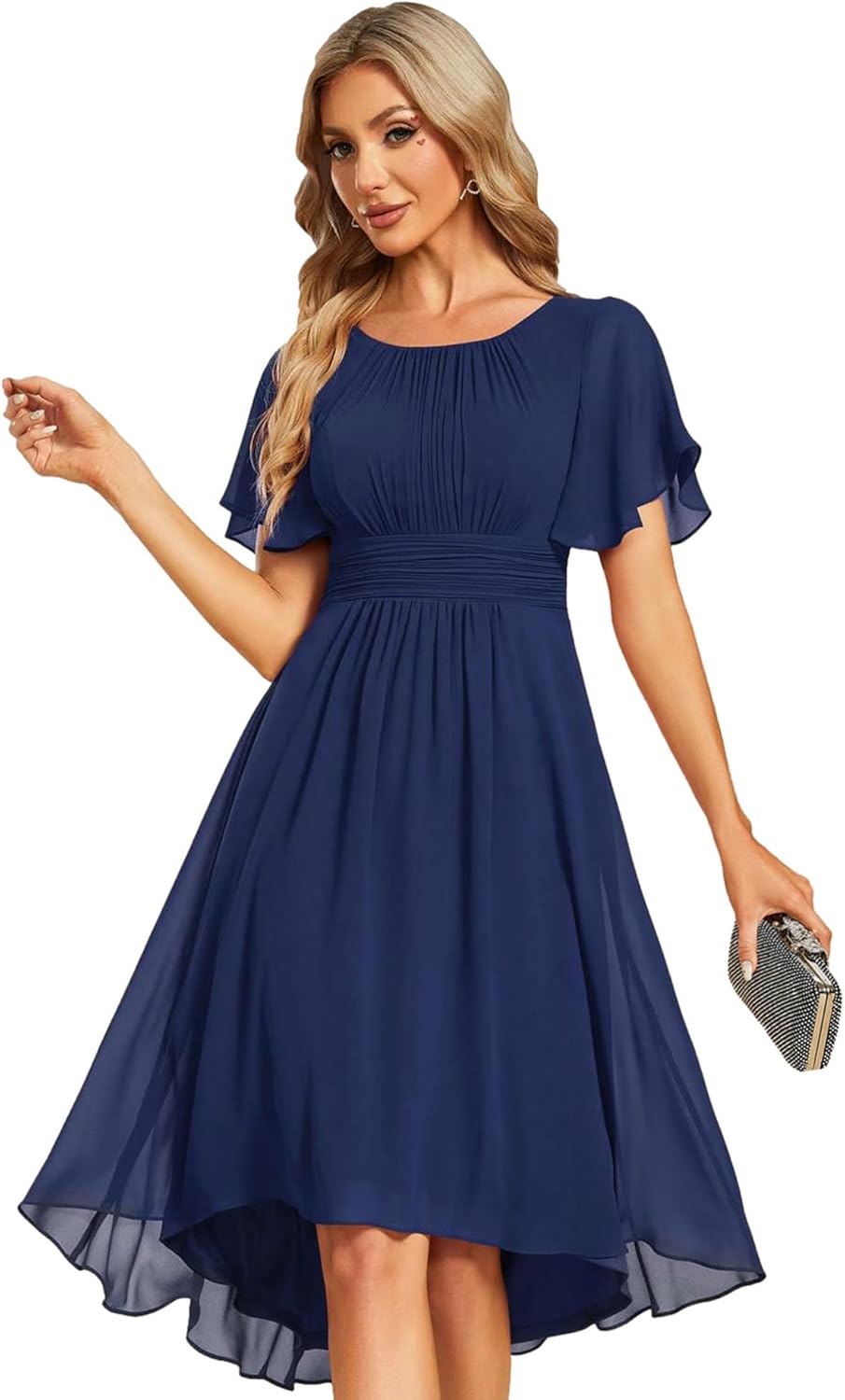 Chiffon Crew Neck Empire Waist Midi Dress for Wedding Guests
