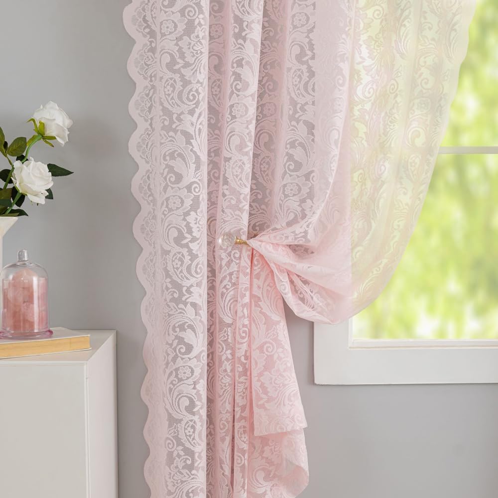 ALIGOGO Boho Lace Pink Cafe Curtains - 45 Inch Length - Set of 2