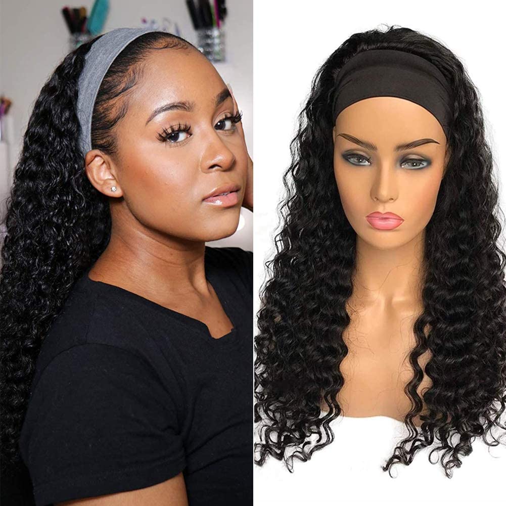 XSY Headband Wig Human Hair Deep Wave 24 Inch for Black Women