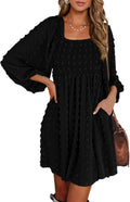 Womens Square Neck Smocked Mini Dress - Boho Floral & Swiss Dot
