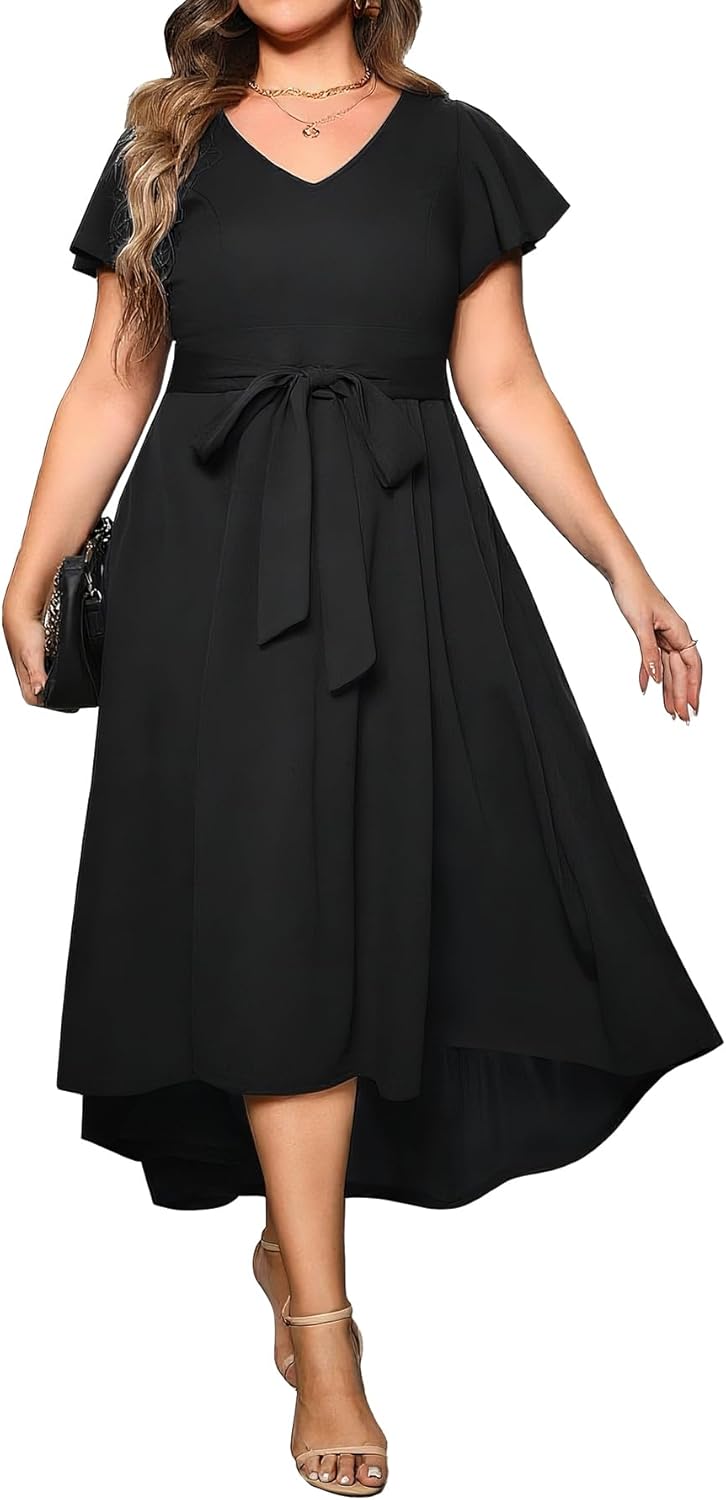 Plus Size Wedding Guest Dress with Flutter Sleeves and Pockets