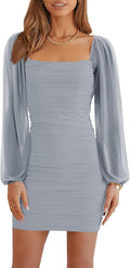 Mesh Long Sleeve Square Neck Ruched Bodycon Mini Dress - Party Ready