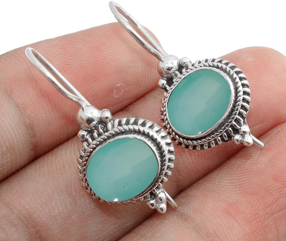 Solid 925 Sterling Silver Dangling Earrings with Aqua Chalcedony