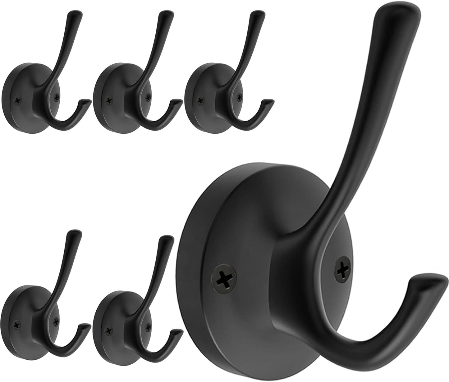 Heavy Duty Black Wall Hooks for Coats and Towels - 6 Pack