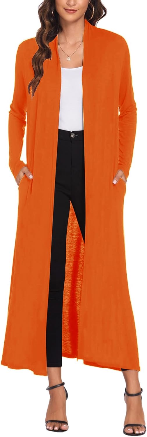 Stylish Women Floor Length Open Front Cardigan with Pockets
