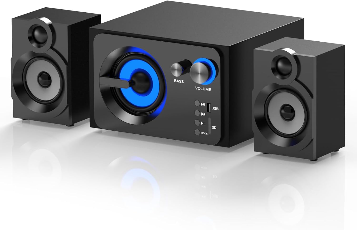 Powerful 2.1 Speaker System by Elimavi, Dual Tweeters, 4'' Subwoofer, 60W